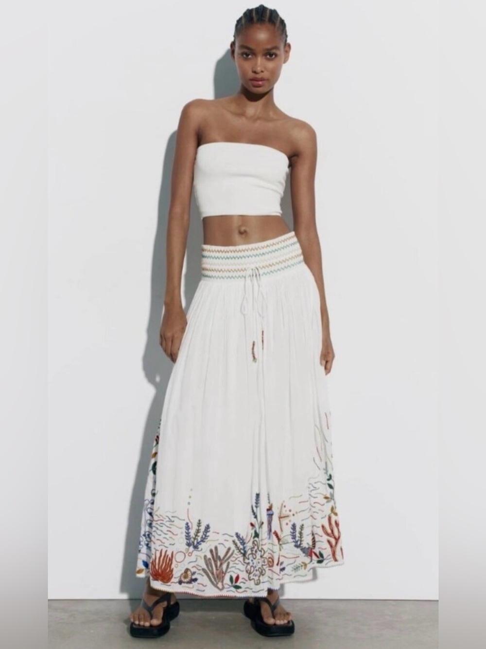 Zara Embroidered Maxi Skirt Smocked White Fish Sea Print XS